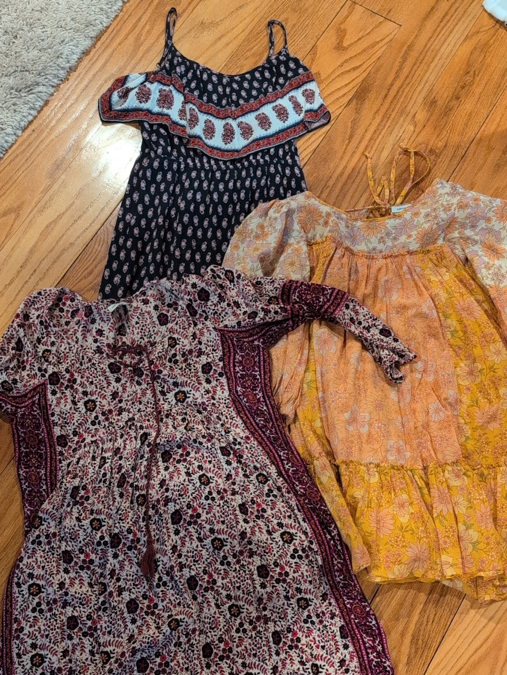 American Eagle Bundle Boho Mixed Floral Tiered Dresses - Navy, Yellow, Burgundy